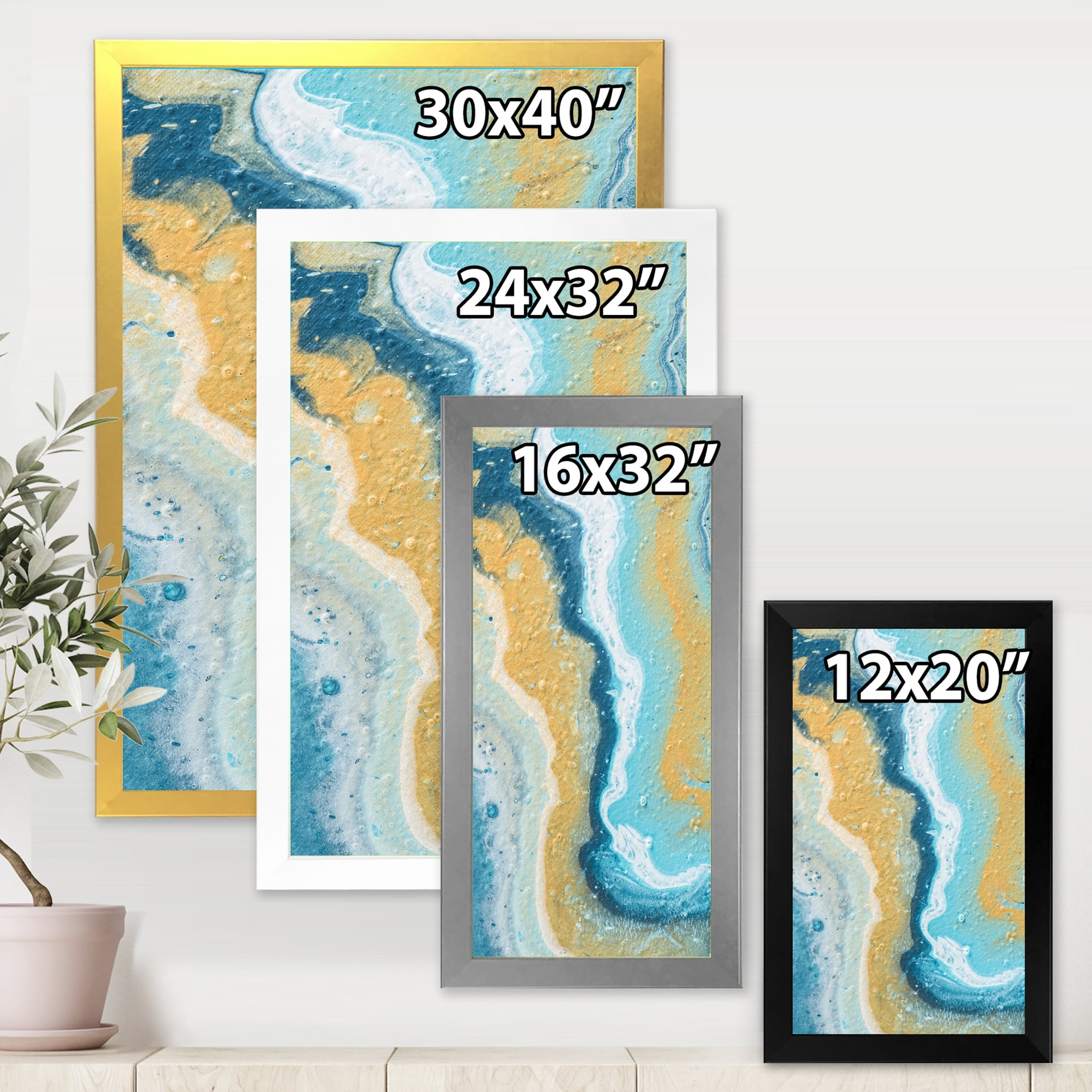 Designart 'Abstract Marble Composition In Blue and Yellow III' Modern Framed Art Print