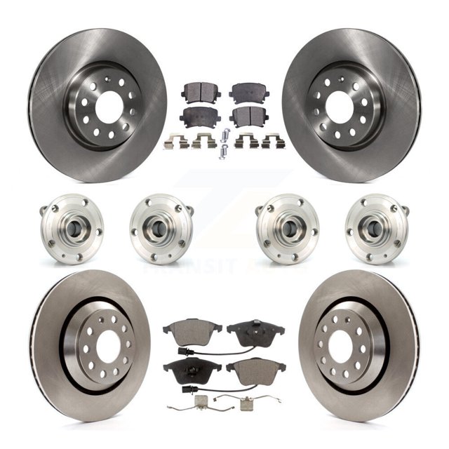 Transit Auto Front Rear Hub Bearings Assembly Disc Brake Rotors and Semi-Metallic Pads Kit (10Pc) for Car Volkswagen CC - Left Right Side (Driver Passenger) KBB-125200