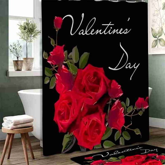 70x70 inch Red Rose Valentine's Day Shower Curtain, Waterproof Polyester Fabric with Hooks for Bathroom Decor
