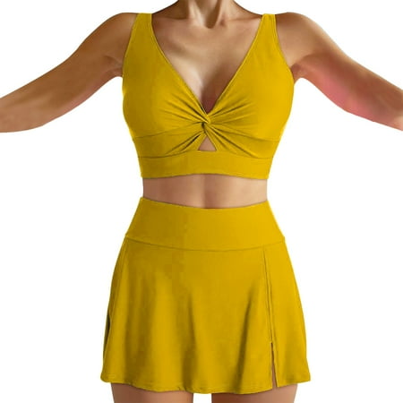 Duoif Two Piece Swimsuit for Women  Women s Sexy Resort Beach Bikini with Breast Pad Without Brackets Womens Swimsuits Gold L