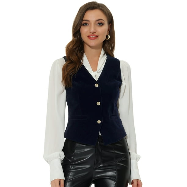 Chaleco de terciopelo vintage para mujer, trajes de negocios formales, chaleco Steampunk con botones Azul oscuro M