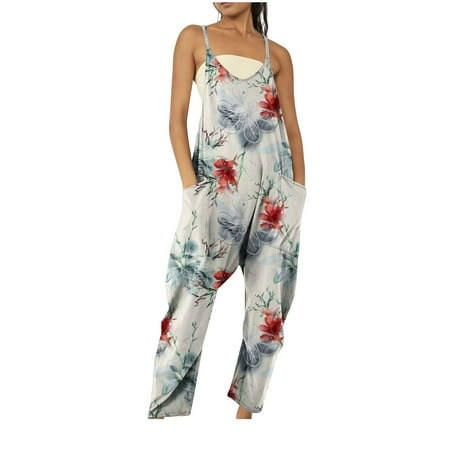 

FAVIPT Jumpsuit Women Clearance Women s Loose Sleeveless V Neck Spaghetti Straps Stretchy Jumpsuits Print Summer Casual Harem Overalls with Pockets