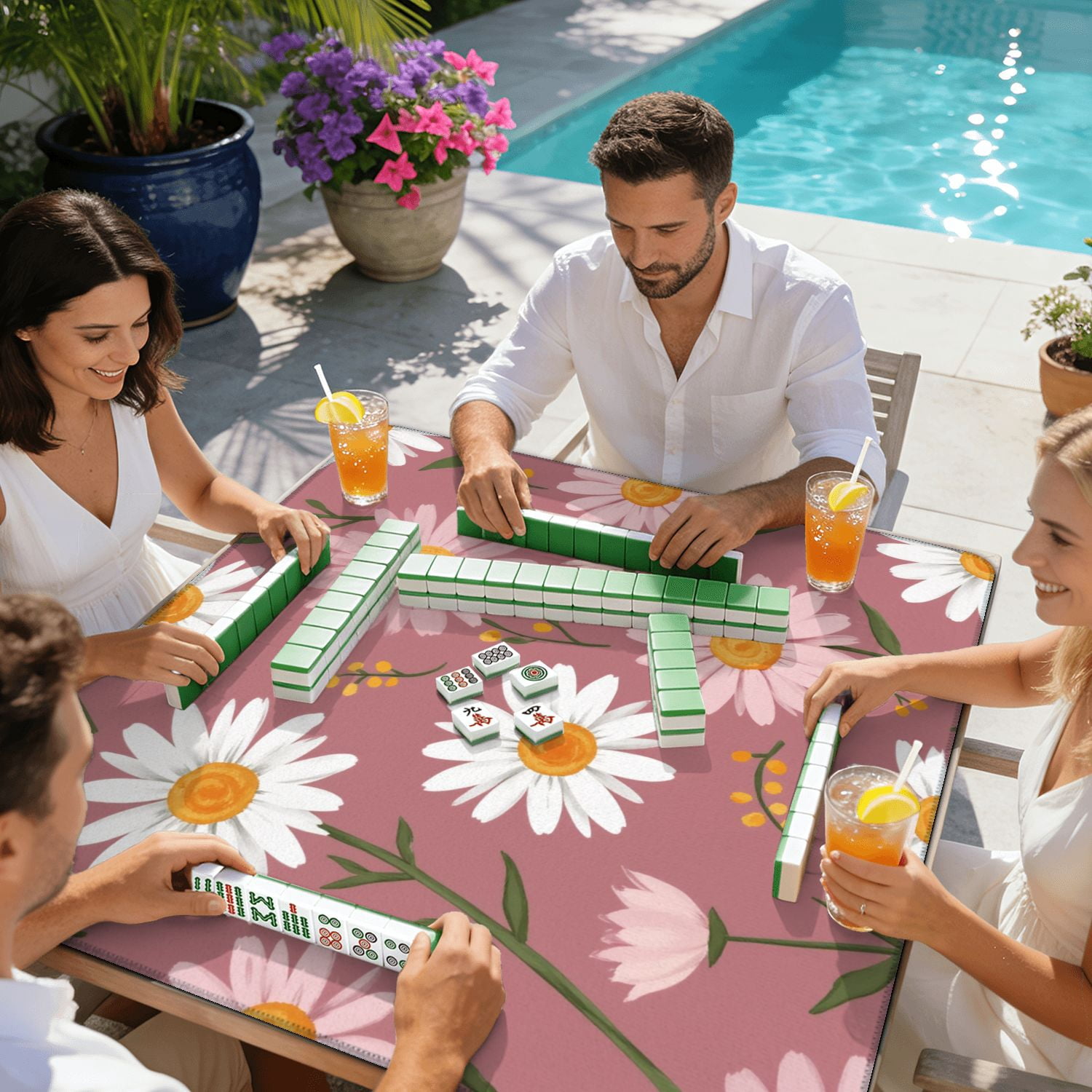 Mahjong Mat 31.5" x 31.5" Floral White Pink Daisies Mauve Non-Slip Noise Reduction American Mahjong Tiles Table Cover for Dominoes Poker Card Board Games Gift