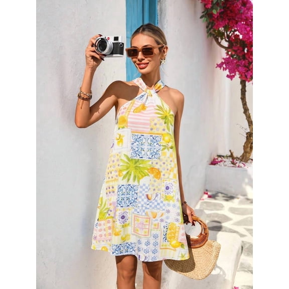 Multicolor Womens Halter Neck Allover Print A-Line Mini Sundress For Summer Beach Vacation & Casual Outing