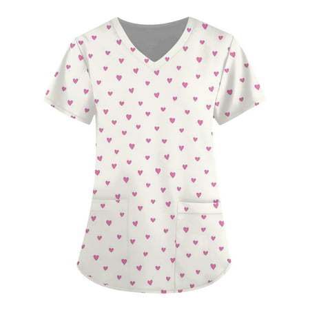 

XHJUN Womens Scrub Tops Print Casual Valentines Day with Hearts Short Sleeve Scrub Tops Love Heart Print White XXXL