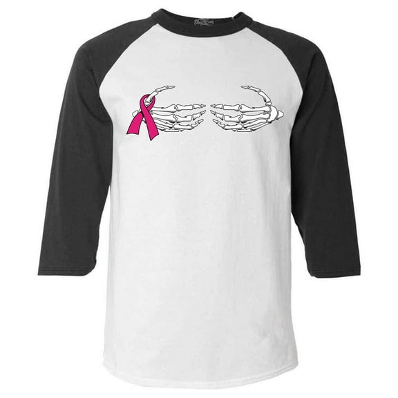 Shop4Ever Men's Skeleton Hands Breast Cancer Awareness Raglan Baseball Shirt X-Small White/Black