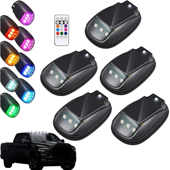 Wireless Solar Cab Lights for Truck,5PCS No Drill Cab Roof Top Marker Lights with 8-Color,Waterproof Solar-Powered LED Marker Lights with Vibration Sensor, Remote Control for Jeep Pickup SUV ATV