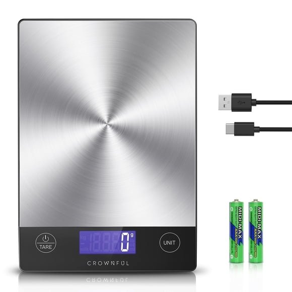 CROWNFUL Balance Alimentaire, Balance de Cuisine Numérique Rechargeable en Acier Inoxydable 304 jusqu'à 33 Lb, Grammes et Onces, avec Écran LCD et Chargement USB‐C pour la Pâtisserie et la Cuisine
