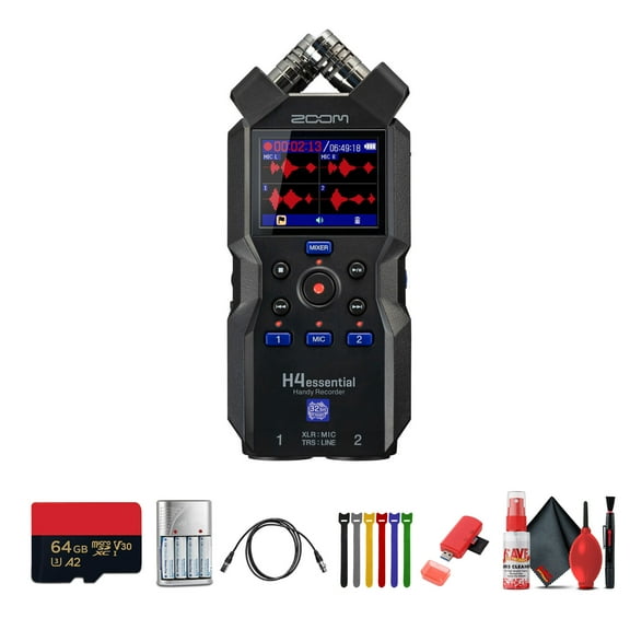 Zoom H4essential 4-Track 32-Bit Float Portable Audio Recorder Bundle With Extreme Pro 64GB microSDXC Memory Card   More
