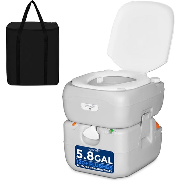 SereneLife 5.8 Gal Portable Adult Toilet, Leak-Proof, Detachable Waste Tank, Flush System, Level Indicator, Carry Bag & Hand Sprayer – RV, Camping, Travel