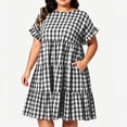 thumbnail image 2 of Horkkom Womens Plus Size Dresses Crew Neck Plaid Print Short Sleeve Midi Dresses Casual Pleated T Shirt Dress, L-5XL, 2 of 10