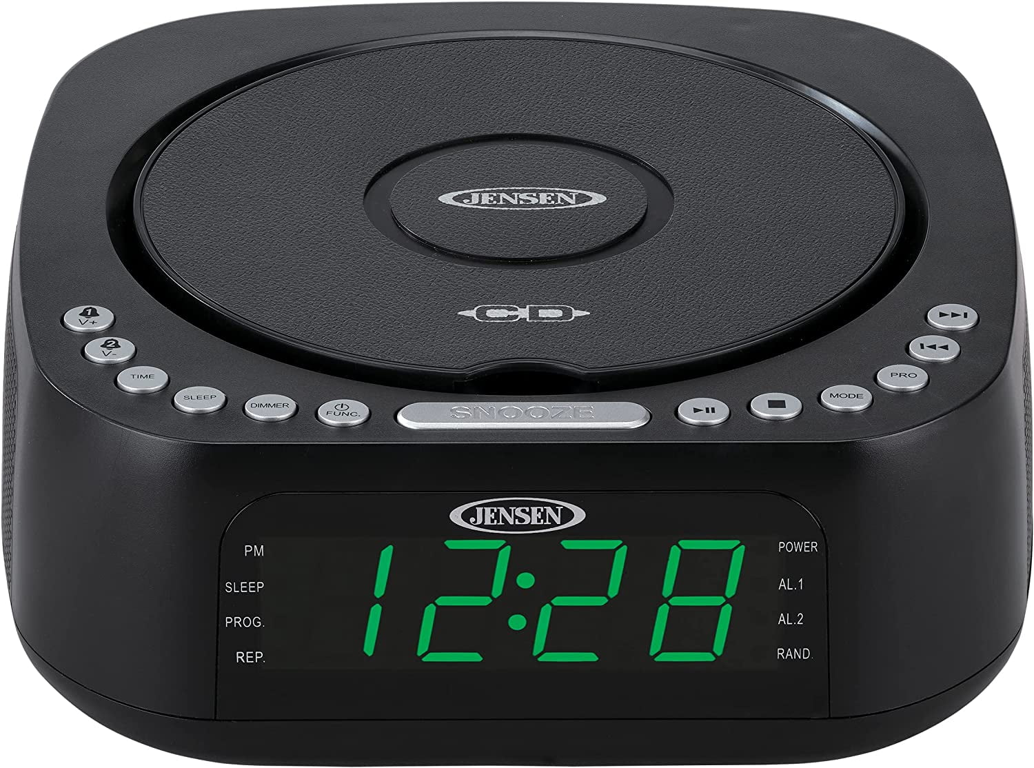 Jensen JCR-375 Audio CD Player Tabletop All-in-one Stereo Dual Alarm Clock Digital FM Radio | Top-Loading CD/MP3/WMA Discs Player | USB Charging Port 2.1A | Headphone Jack | 0.9 Display Green LED