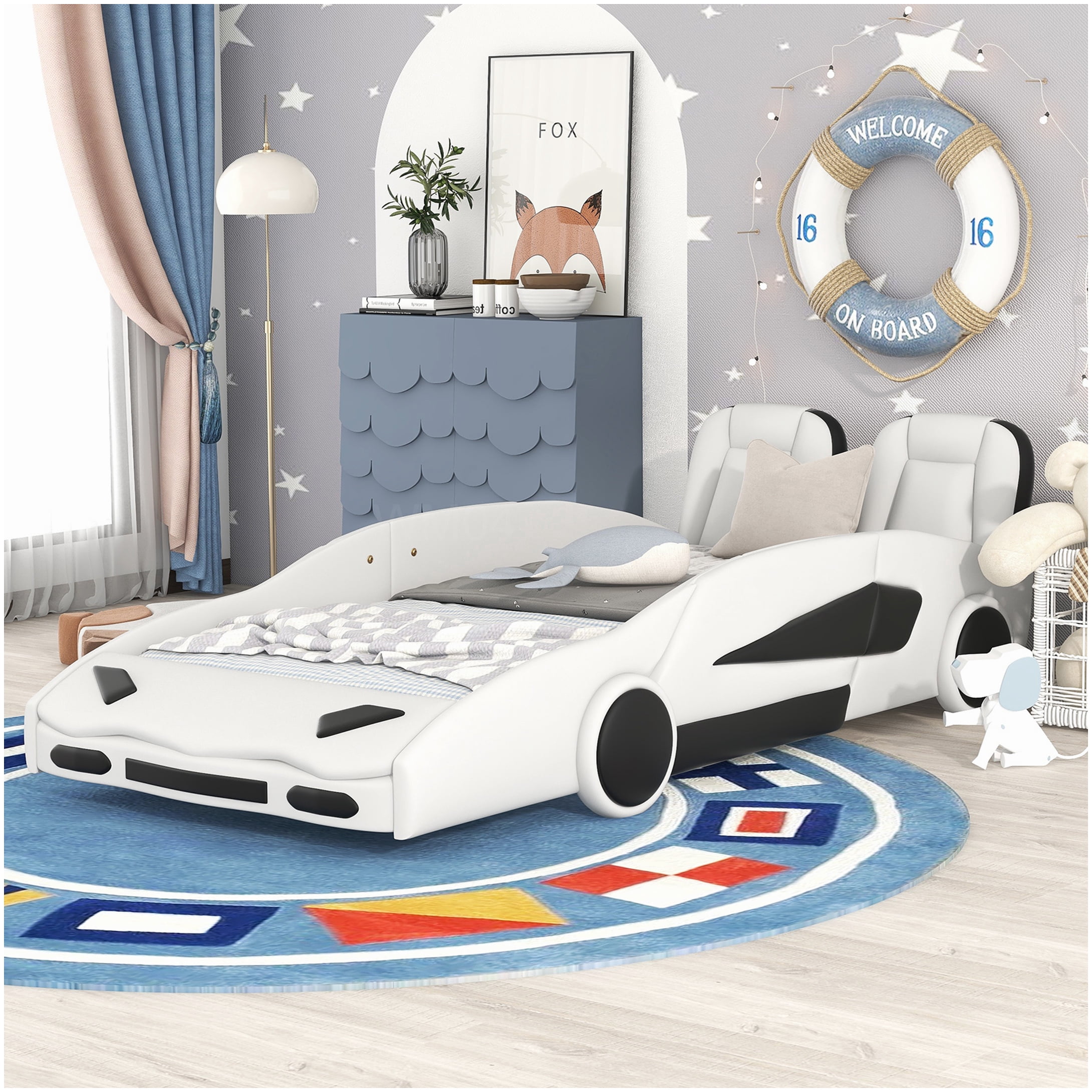 No Box Spring Twin Bed Frame, White Race Car Themed Platform Bed with Safety Rails and Wood Slats