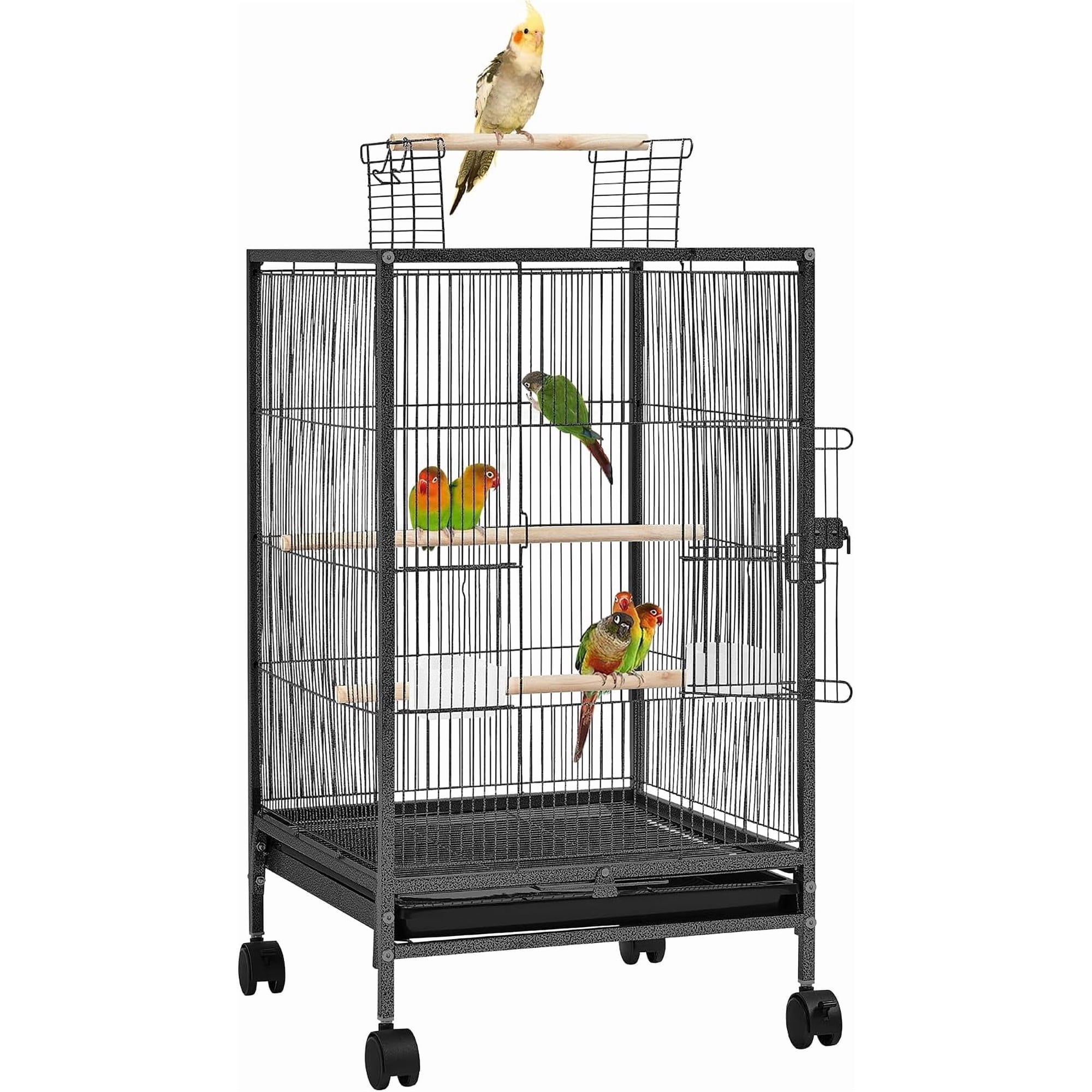 35in Wrought Iron Bird Cage w/Play Top & Rolling Stand for Small Parrots, Conures, Lovebirds, Cockatiels, Budgies