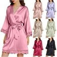 thumbnail image 4 of YANHAIGONG Silk Robes for Women Lace Sleeve Trim Short Satin Sleepwear Bride Robe 3/4 Sleeve with Oblique V-Neck Robes Bride Robe for Wedding Day Winter Pajamas For Women Clearance, 4 of 8