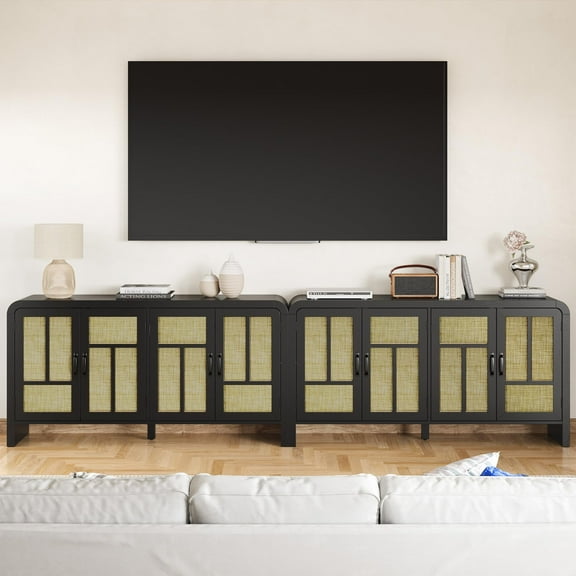Heynemo 59'' Storage Cabinet with 4 Rattan Door (Set of 2), Boho Sideboard Buffet Cabinet with Adjustable Shelves, Large Entryway Table for Kitchen, Hallway, Dining Room, Living Room, Office, Black