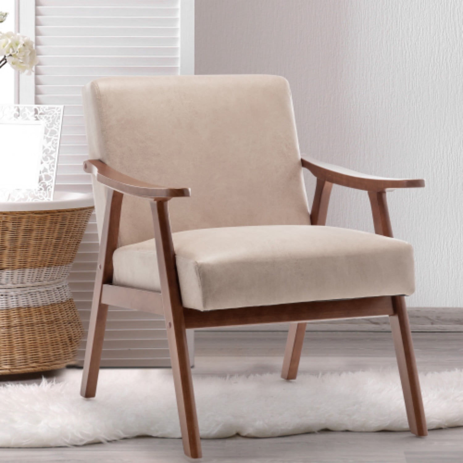 Mid-Century Modern Accent Chair, Upholstered Wingback Living Room Chair with Solid Rubber Wood Frame, Velvet Reading Chair with Thick Cushions for Bedroom, Lounge, Office, Indoor, Camel