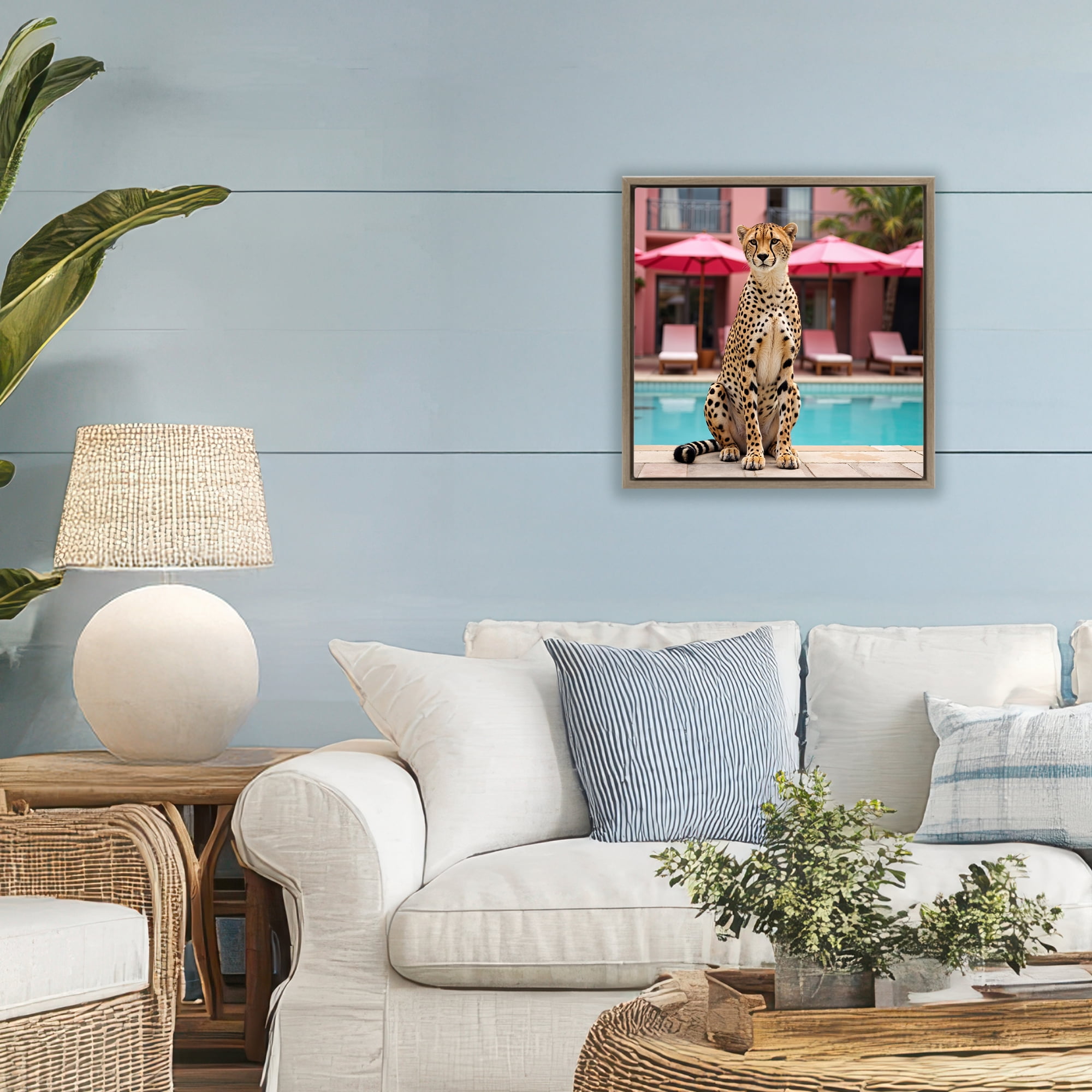 Cheetah Posed at Poolside Brown Framed Floater Canvas Wall Art, design by Lettered and Lined