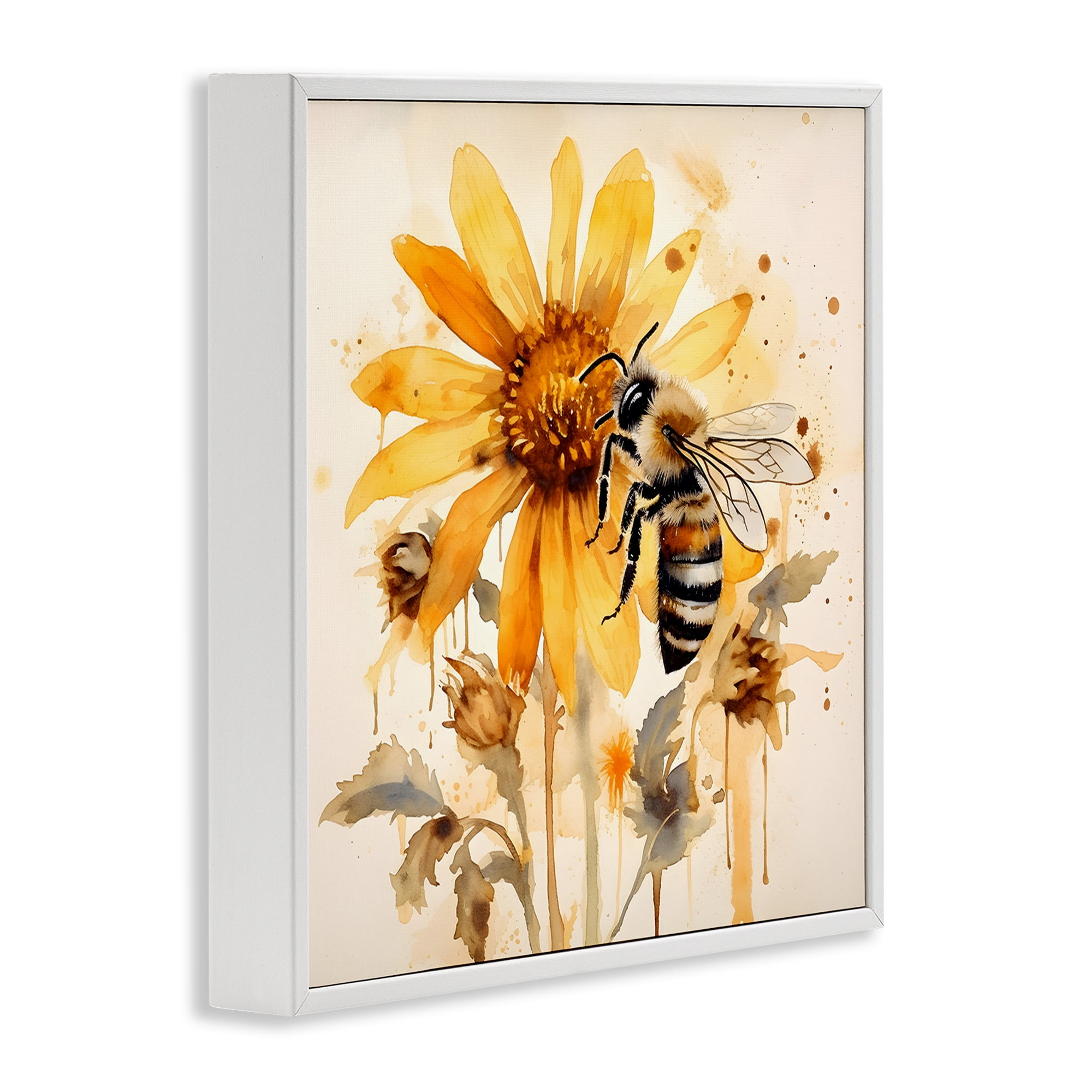 Stupell Industries Busy Bee with Flower Animals & Insects Painting White Framed Art Print Wall Art, 17 x 17