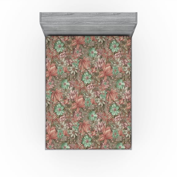 Ambesonne Floral Design Fitted Sheet, Melancholic Flowers, Full Size, Coral Sea Green Mauve
