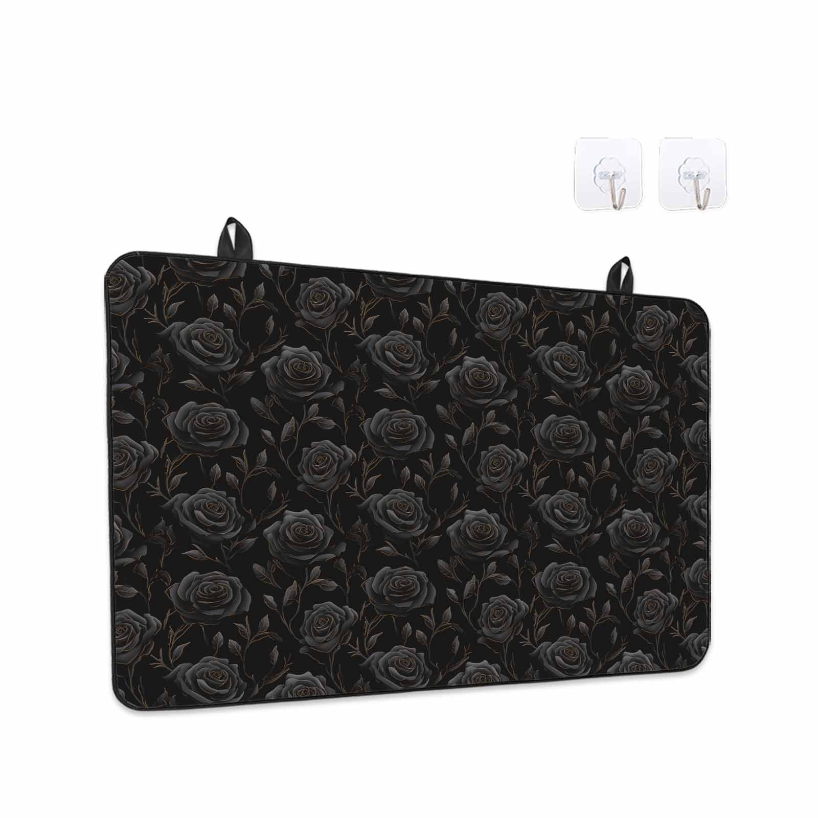 Black Flower, Stove Top Cover for Electric Stove, Heat-proof & Non Slip Glass Top Stove Cover Protector, Abstract Vintage Botanical Floral Plant Kitchen Flat Cooktop Rubber Mat 24x21 Inches