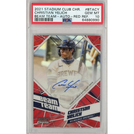 

Graded 2021 Topps Stadium Club Chrome Christian Yelich #BTACY #2/5 Beam Team Auto Red Refractor Baseball Card PSA 10 Gem Mint