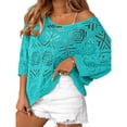 thumbnail image 3 of Womens Summer 3/4 Sleeve Off Shoulder Crochet Cover Up Top Sweater Shirts Mesh Boho Beach Swimsuit Coverup, 3 of 6