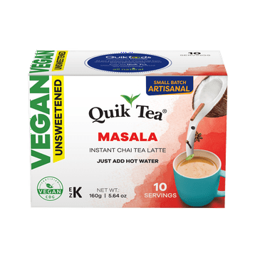 Quik Tea Vegan Unsweetened Masala Chai Tea Latte - 10 Count Single Box - All Natural Preservative Free Single Serve Pouches of Authentic Instant Vegan Chai - Just add hot water