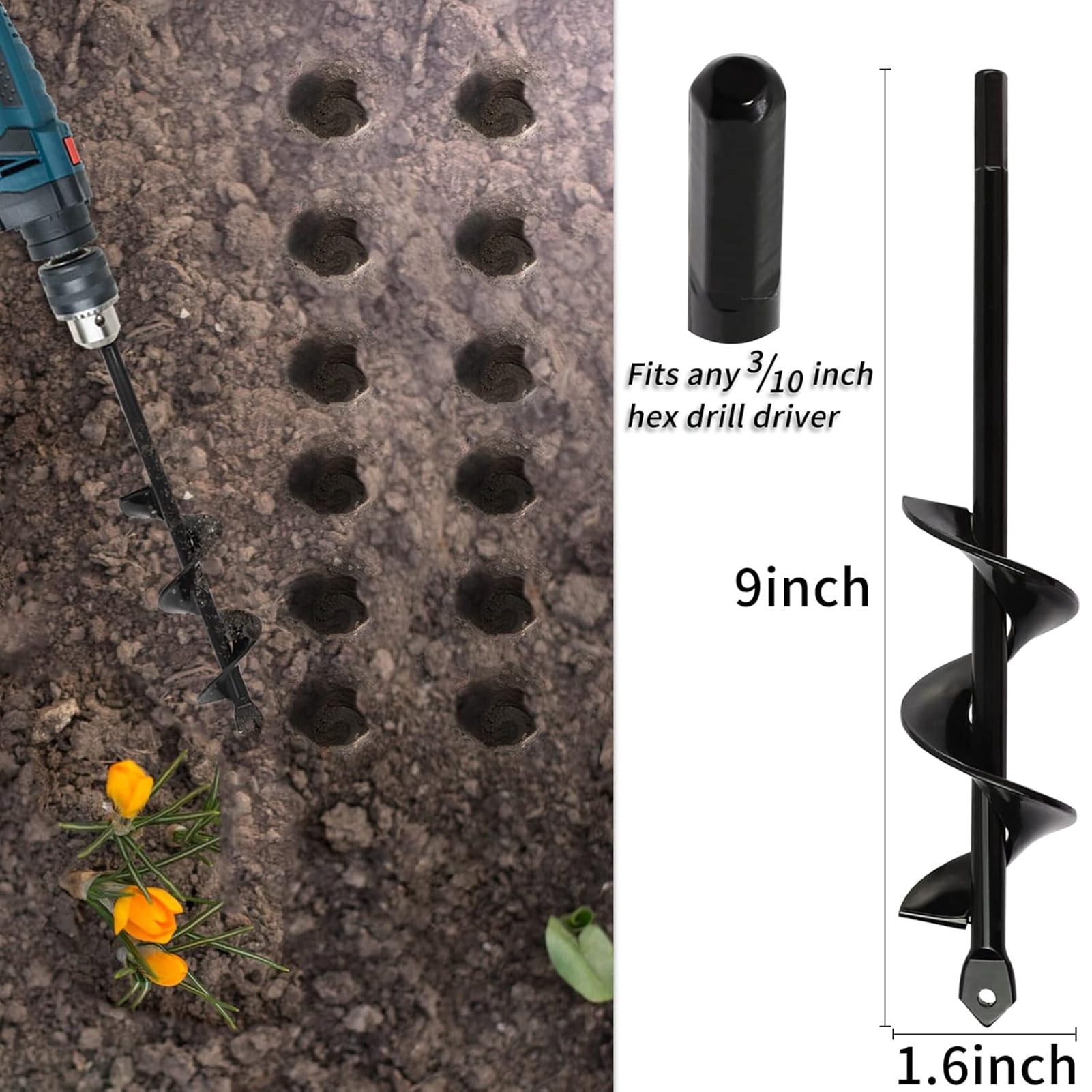 Garden Auger Drill Bit for Planting 4 Pack, 1.6"x9", 1.6"x16.5", 3"x12", 3"x16.5" Heavy Duty Earth Auger Drill Bit Set for Planting Bulbs, Flowers, Umbrella Holes, Post Holes