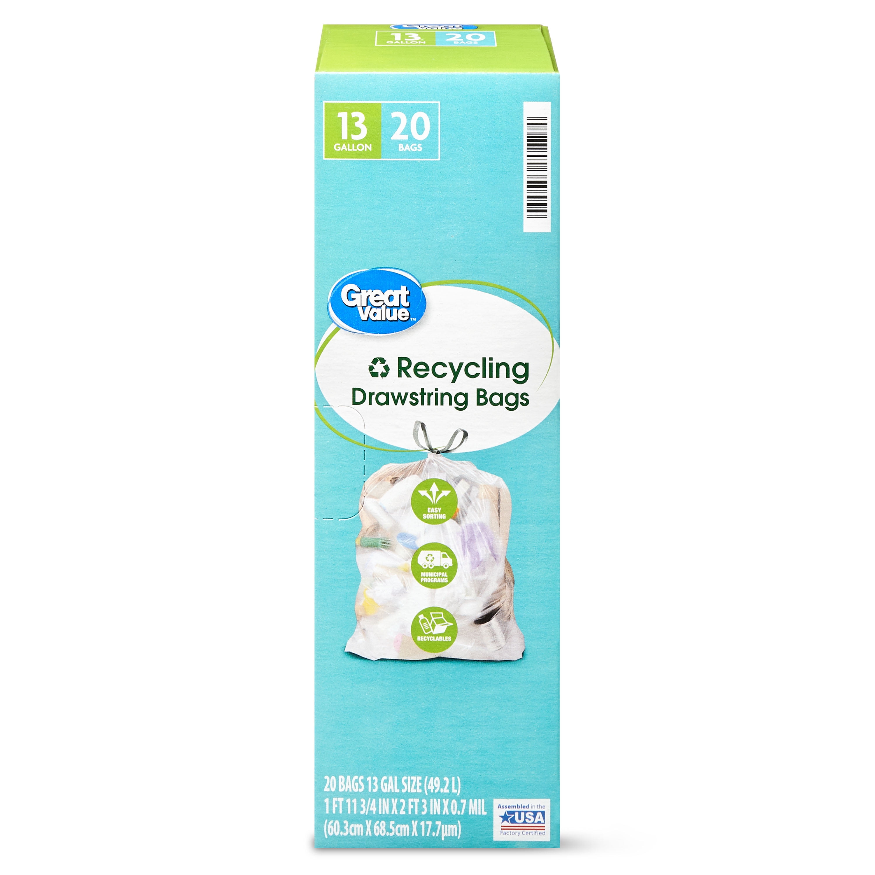 Great Value Recycling Drawstring Bags, Clear, 13 Gallon, 20 Count