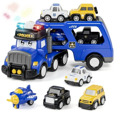 Toys for 2 Year Old Boy, Police Truck Toys Cars with Lights & Sounds, Toy Trucks Car for Boys 2 3 4 5 Years Old, 5 in 1 Toddler Carrier Truck Toy with 4 Pull Back Cars, Best Birthday Christmas Gifts