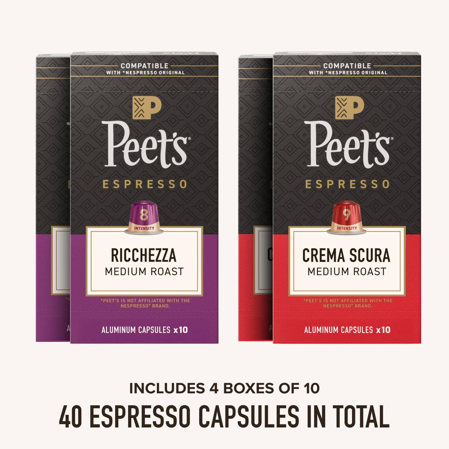 Peet's Coffee, Medium Roast Espresso Capsules Variety Pack, Compatible with Nespresso Original Machine, 100% Arabica Coffee - Intensity 8-9, 40 Count (4 Boxes of 10 Espresso Capsules)