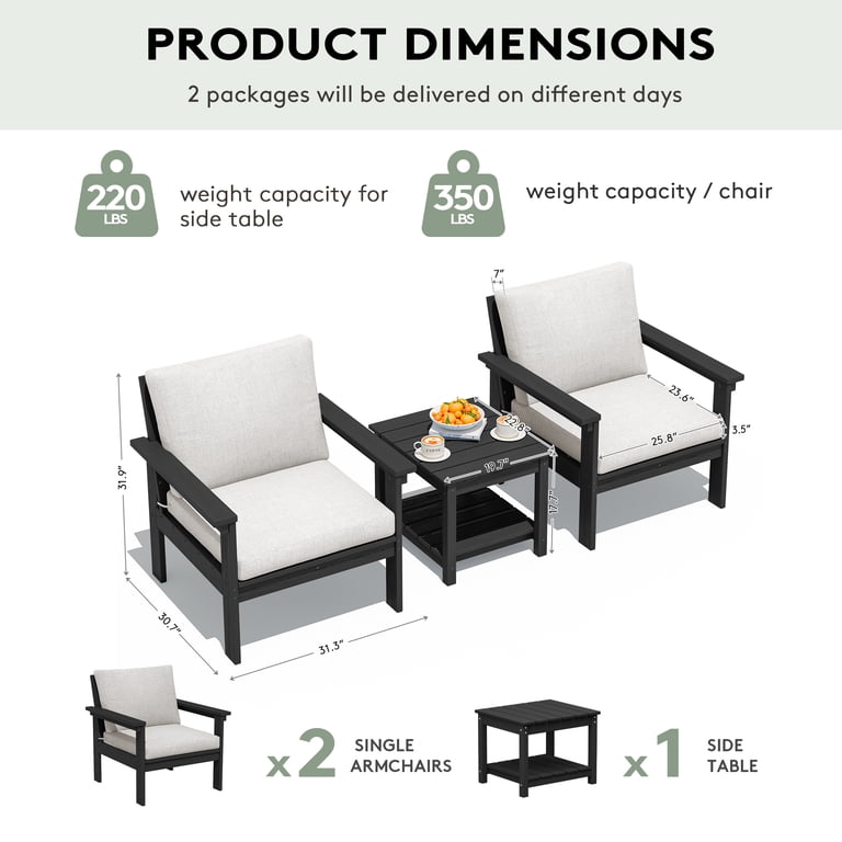 Serwall 3-Piece HDPE Patio Conversation Set, Black photo 2