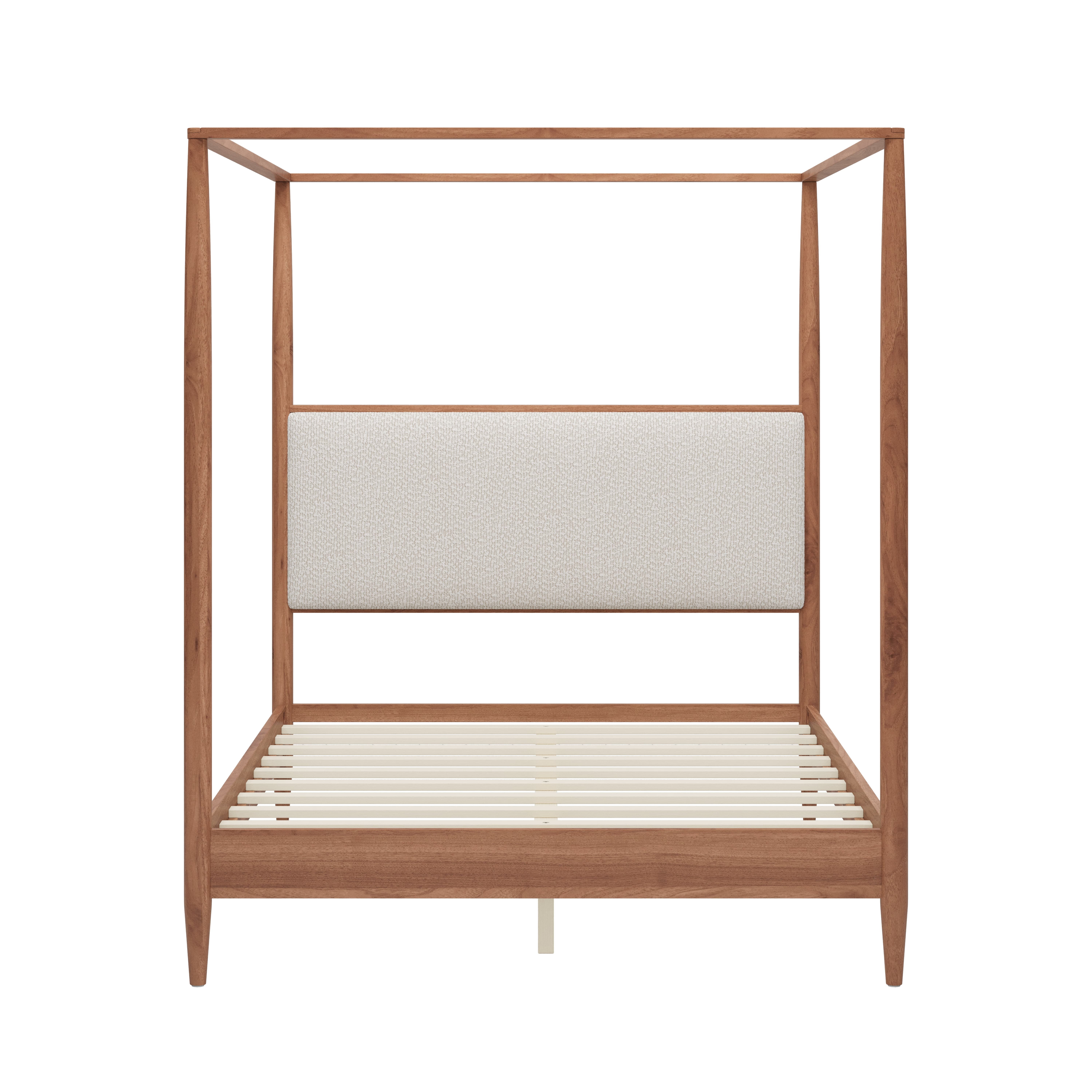 Euroco Modern Wood Queen Size Canopy Bed, Mid-Century 4-Poster Platform Bed with Boucle Upholstered Headboard and Tapered Legs, No Box Spring Needed, Walnut