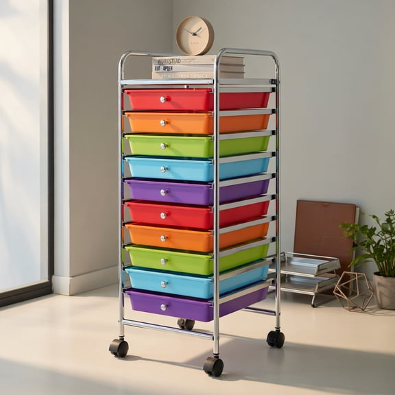 Topcobe 10 Drawer Rolling Storage Cart Organizer with 4 Universal Casters, Rolling Carts with Wheels for Kitchen, Living Room, Multicolor