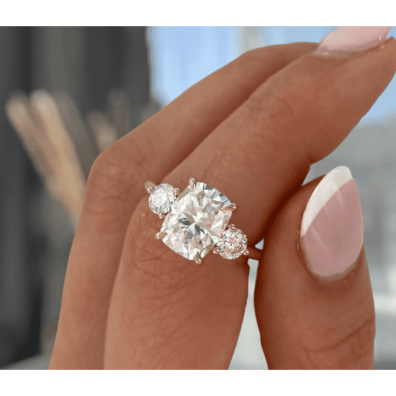3.00 Ct Elongated Cushion Cut Moissanite Trilogy Engagement Ring, Cathedral Set, 18K White Gold