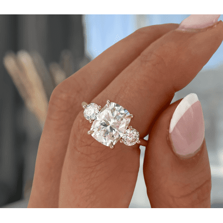 3.00Ct Elongated Cushion Cut Lab-Grown Diamond Trilogy Engagement Ring, Cathedral, 10K Rose Gold