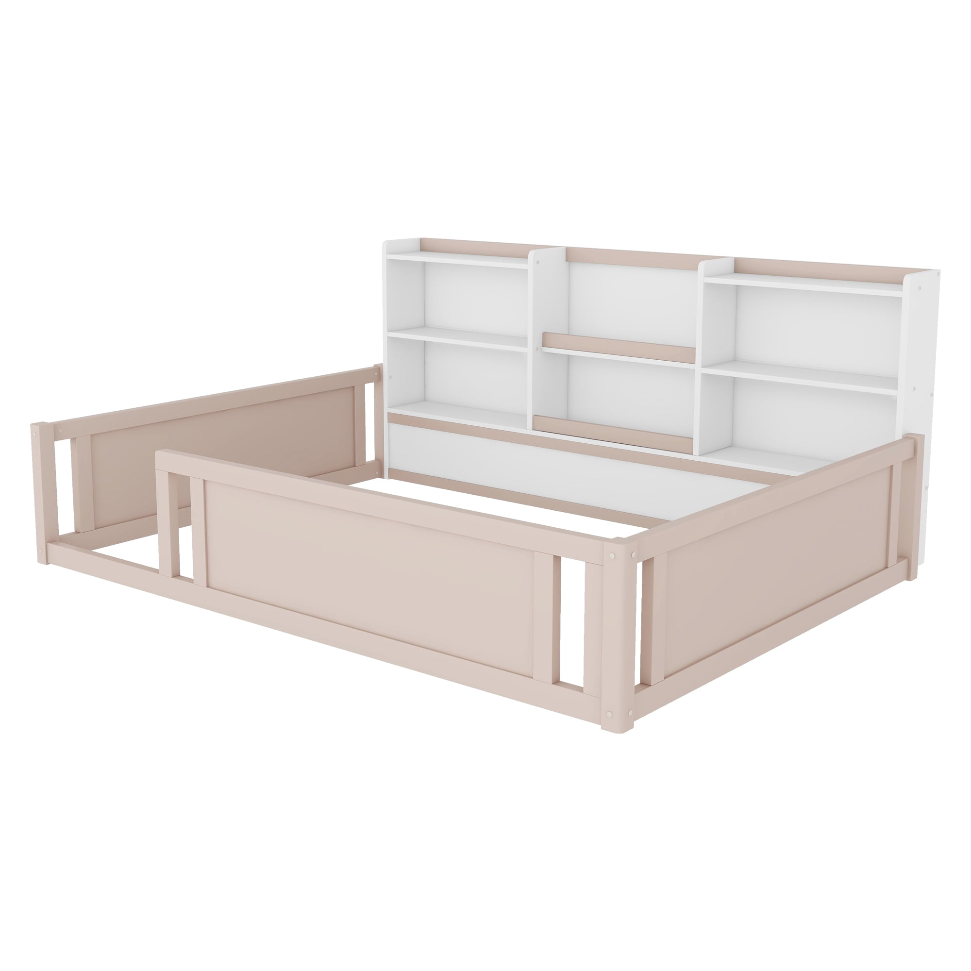 Mintazer Full Size Montessori Floor Bed with Bookcase Headboard & Guardrails, Kids Platform Bed Frame with 6 Cubby Storage Shelves for Bedroom, White & Natural