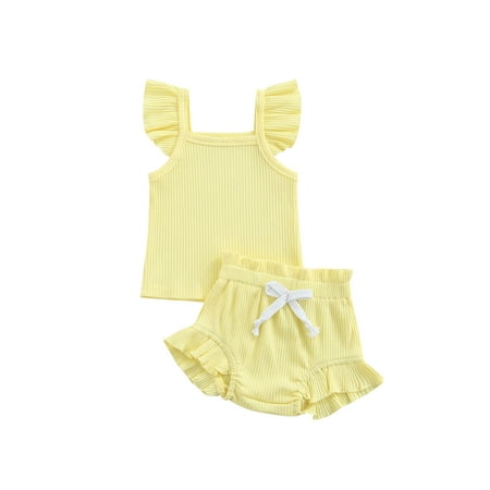 

Licupiee Newborn Infant Baby Girl Clothes Ribbed Outfit Summer Ruffle Sleeves T Shirt Tank Top Bloomer Shorts 2PCS Set