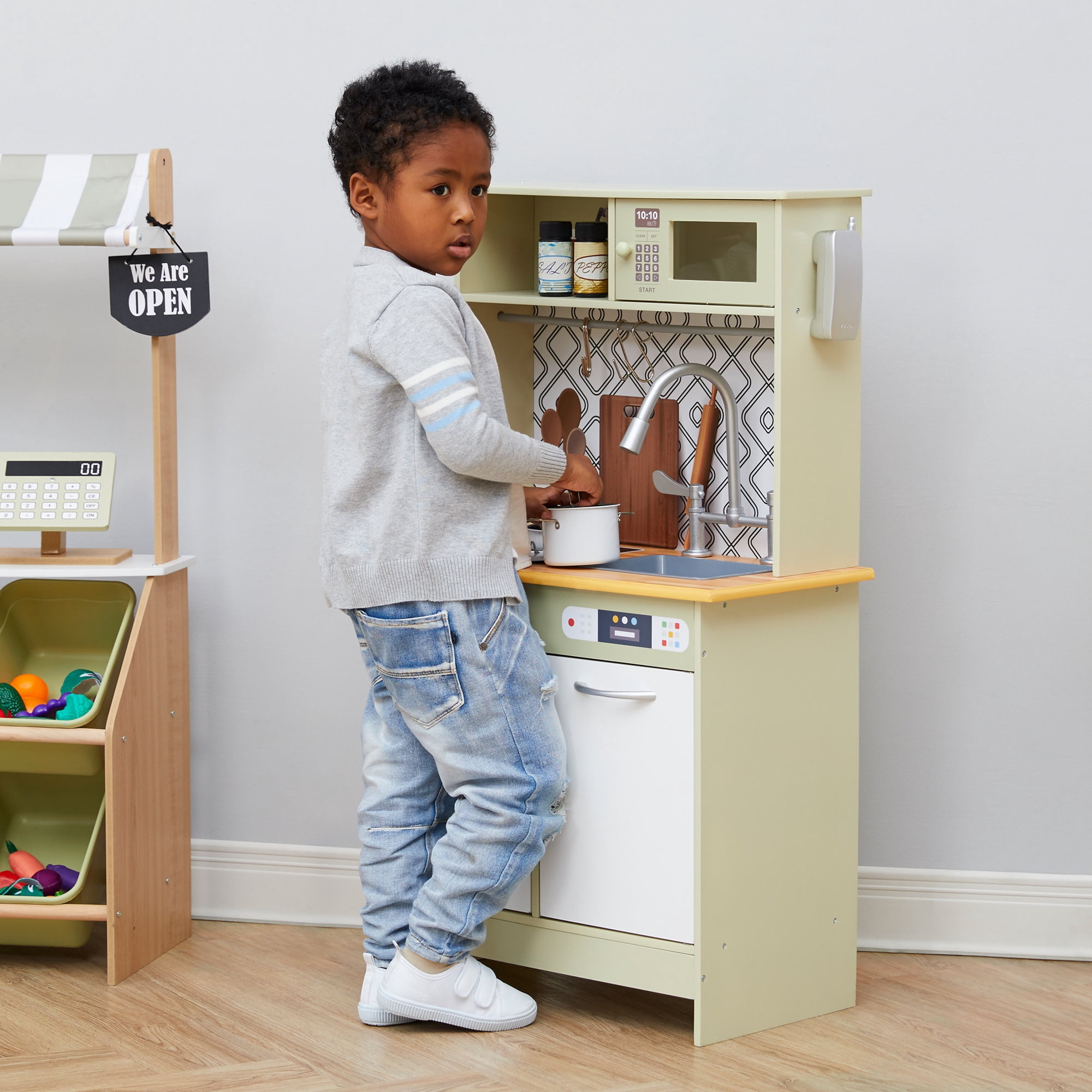Teamson Kids Little Chef Boston Modern Farmhouse Kitchen Playset with Interactive Features and 9 pc. Accessory Set, Olive Green/White