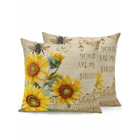 Outdoor Pillows Waterproof, Vintage Yellow Sunflower Bedding Throw Pillows with Insert for Couch Sofa Bed, Watercolor Botanical Retro Floral 16x16 Inch Pillowcases Decorative Patio Pillow Set of 2