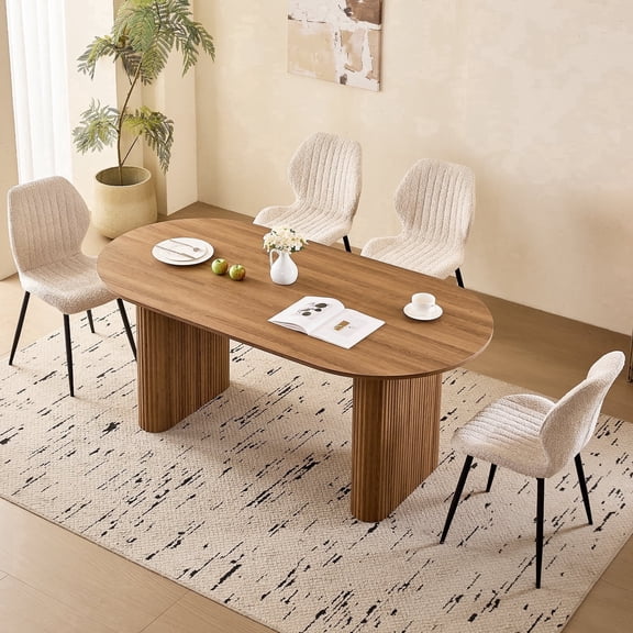 70.9" Large Dining Table Set for 4, [Rounded Edges] [Fully Assembled Table Base] Modern Wood Kitchen Dinner Table with 4 Boucle Chairs(Brown Table with 4 Beige Chairs)