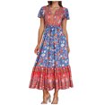 thumbnail image 2 of Robes Maxi pour Femmes 2023 avec Manches Mode pour Femmes Décontractée Printemps et Été Imprimé Floral Manches Courtes Col en V Robe Longueur Cheville Robe à Manches Courtes en Liquidation, 2 of 9