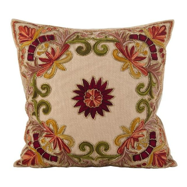 SARO AN02.M18S Coussin Décoratif Carré de 18 Po, Motif Floral Brodé, Perlé, en Coton Rempli de Poly, Multicolore