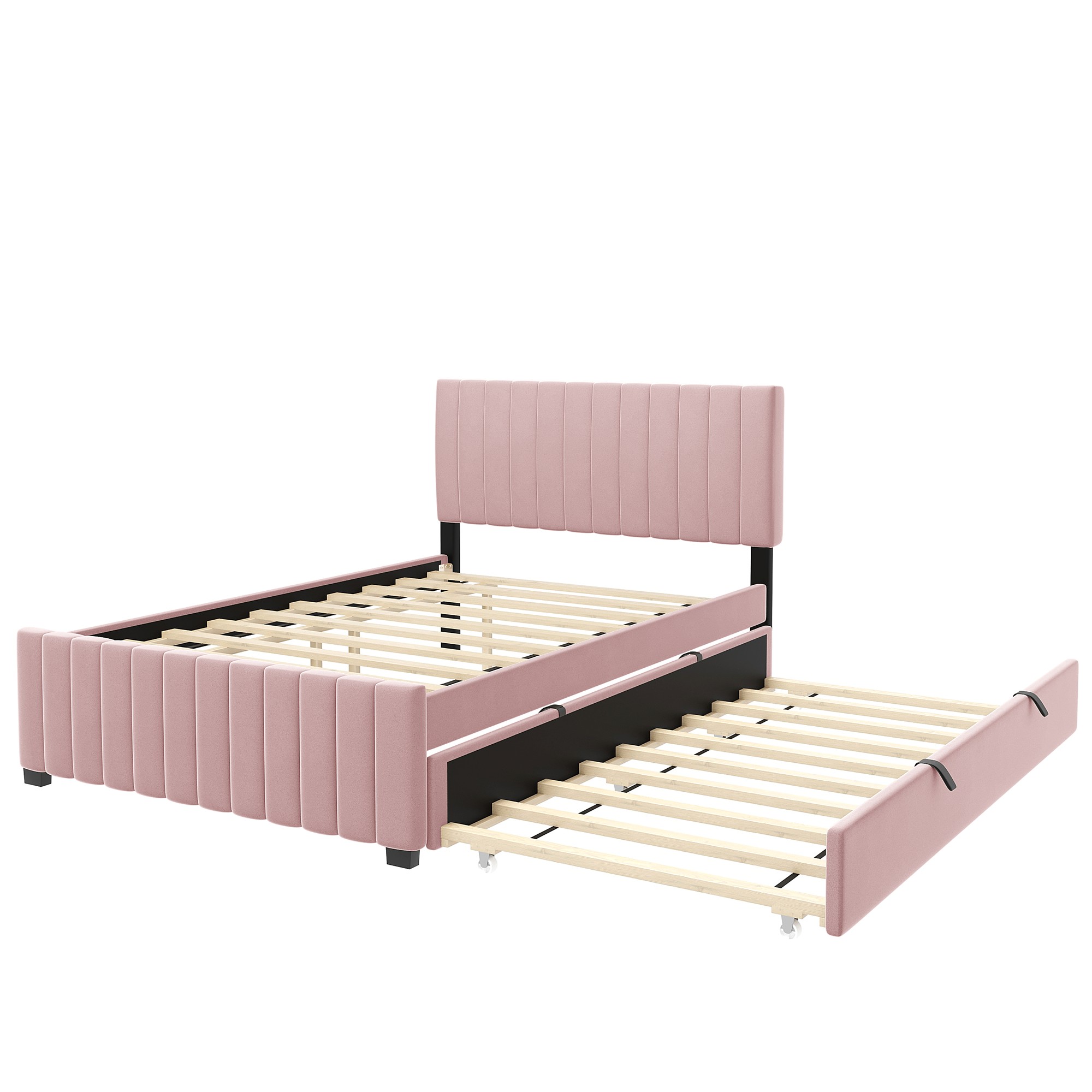 Aukfa Full Size Upholstered Platform Bed Frame with Twin Size Trundle for Bedroom,Guestroom, Pink