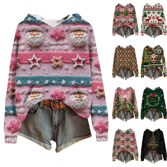 Women's Knit Sweater Pullover Hooded Sweatshirt with Christmas Print, Cute and Comfortable, Perfect for Fall and Winter Casual Wear and Holiday Festivities,Army Green,L