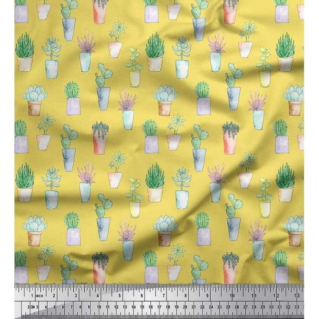 Soimoi Yellow Modal Satin Fabric Cactus Leaves Fabric Prints By Yard 42 Inch Wide