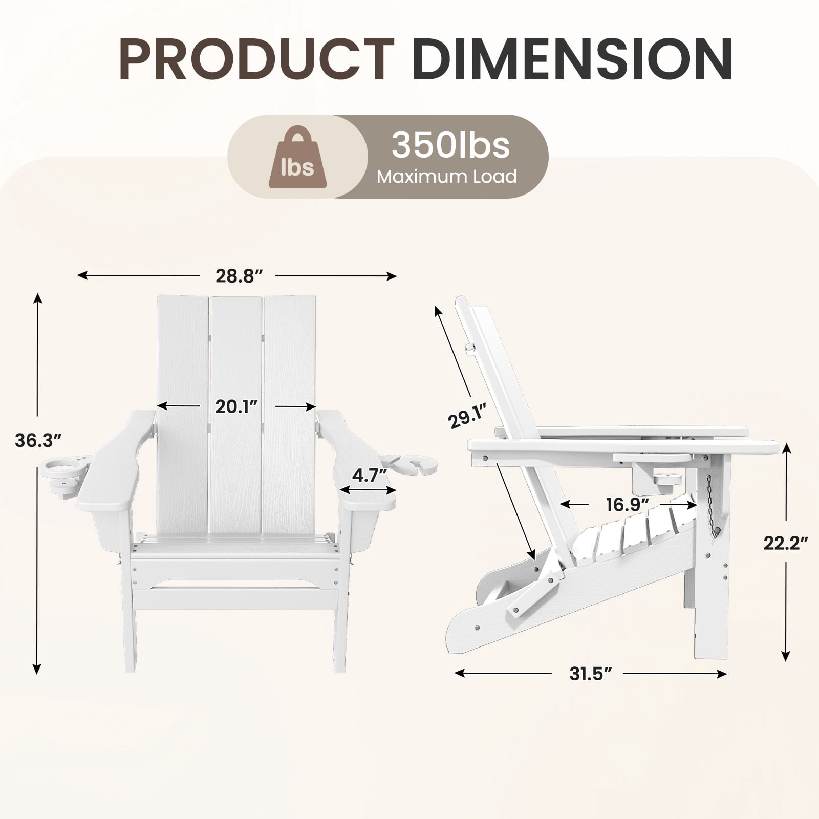 RIAFUN HDPE Foldable Adirondack Chair, Outdoor Patio Chair with 2 Cup Holders, Heavy Duty All-Weather Seating for Lawn,Porch,Deck,Backyard, White