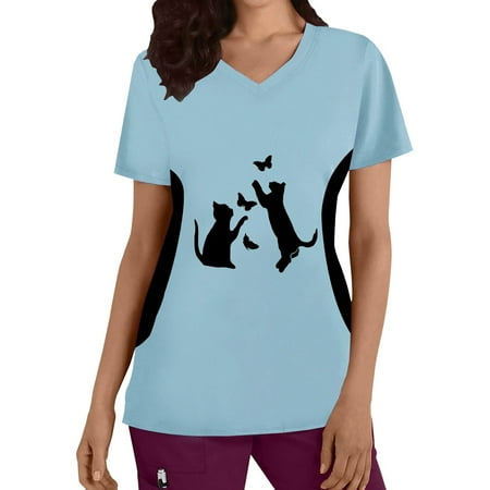 

Cat Printed Working Uniform Womens Plus Size Top V Neck Short Sleeved Cats Prints T Shirt Blouse Scrubs Uniform Nurses