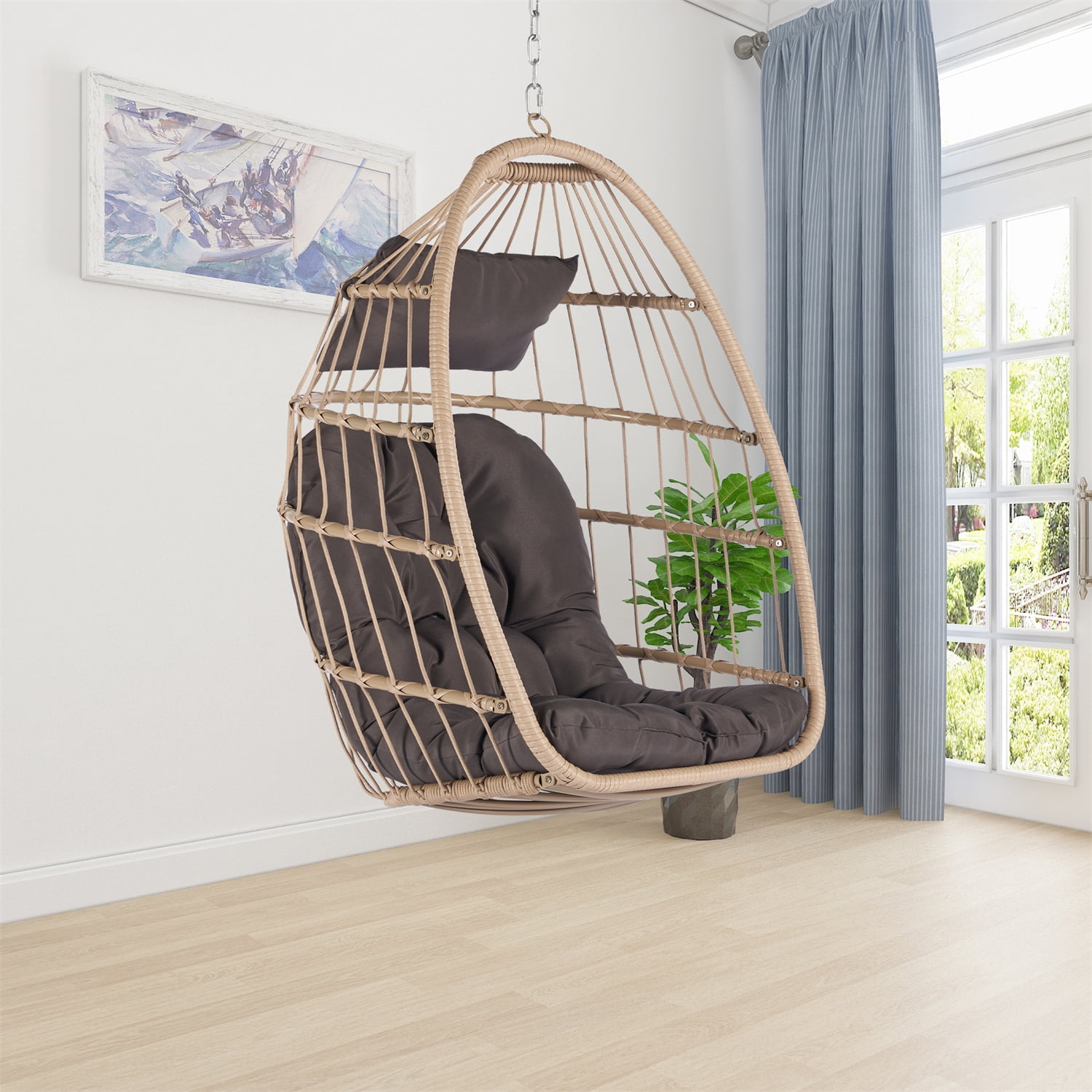 Swing Egg Chair with Stand, Indoor Outdoor Wicker Rattan Patio Basket